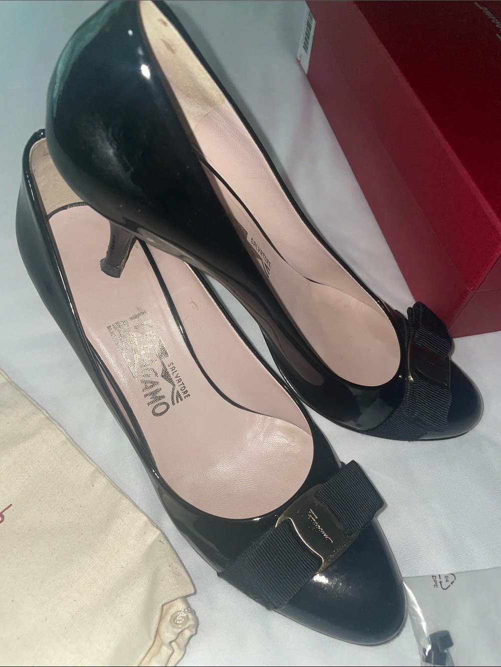 Salvatore Ferragamo Black Patent Leather Vara Bow Heels